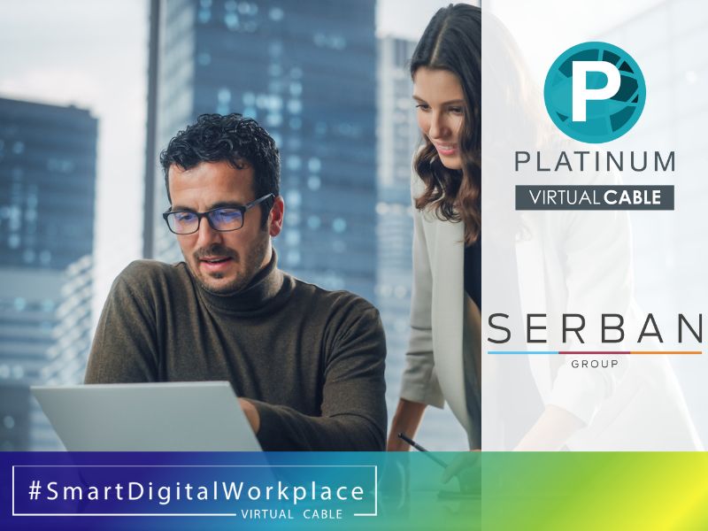 Profesionales colaborando, representando la alianza entre Serban Group y Virtual Cable para implementar soluciones avanzadas de digital workplace.