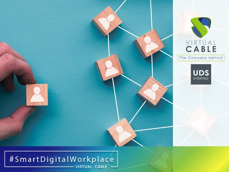 Bloques de madera conectados entre sí representando usuarios, con el logotipo de Virtual Cable y UDS Enterprise, en una imagen sobre licencias concurrentes para digital workplace.