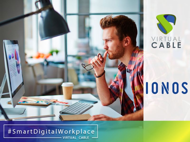 Profesional utilizando escritorio virtual en la nube de IONOS con tecnología UDS Enterprise de Virtual Cable