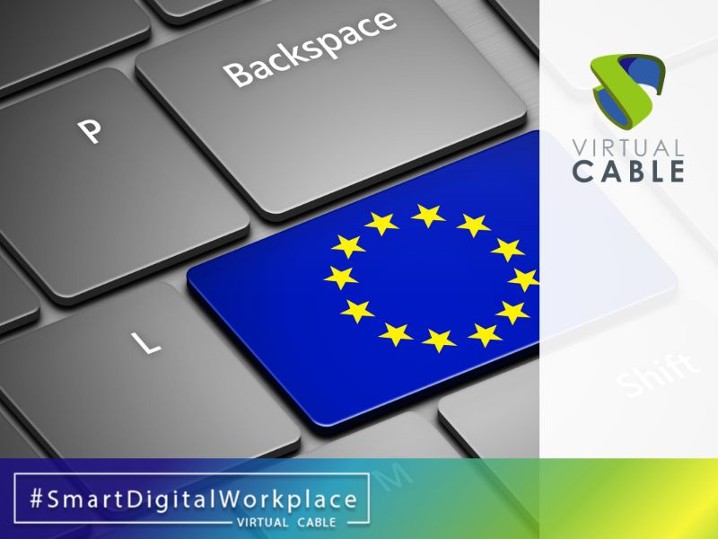 Keyboard with the European Union flag to represent technological sovereignty in the digital workplace