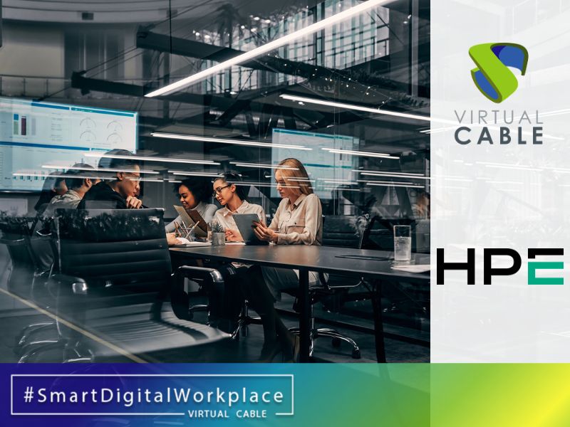 Logos de Virtual Cable y HPE en el anuncio de su alianza mundial para impulsar proyectos de smart digital workplace con UDS Enterprise